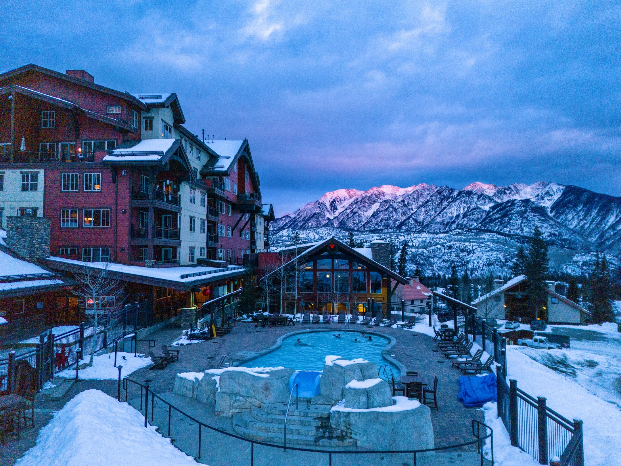 The Purgatory Lodge and pool at Sunset