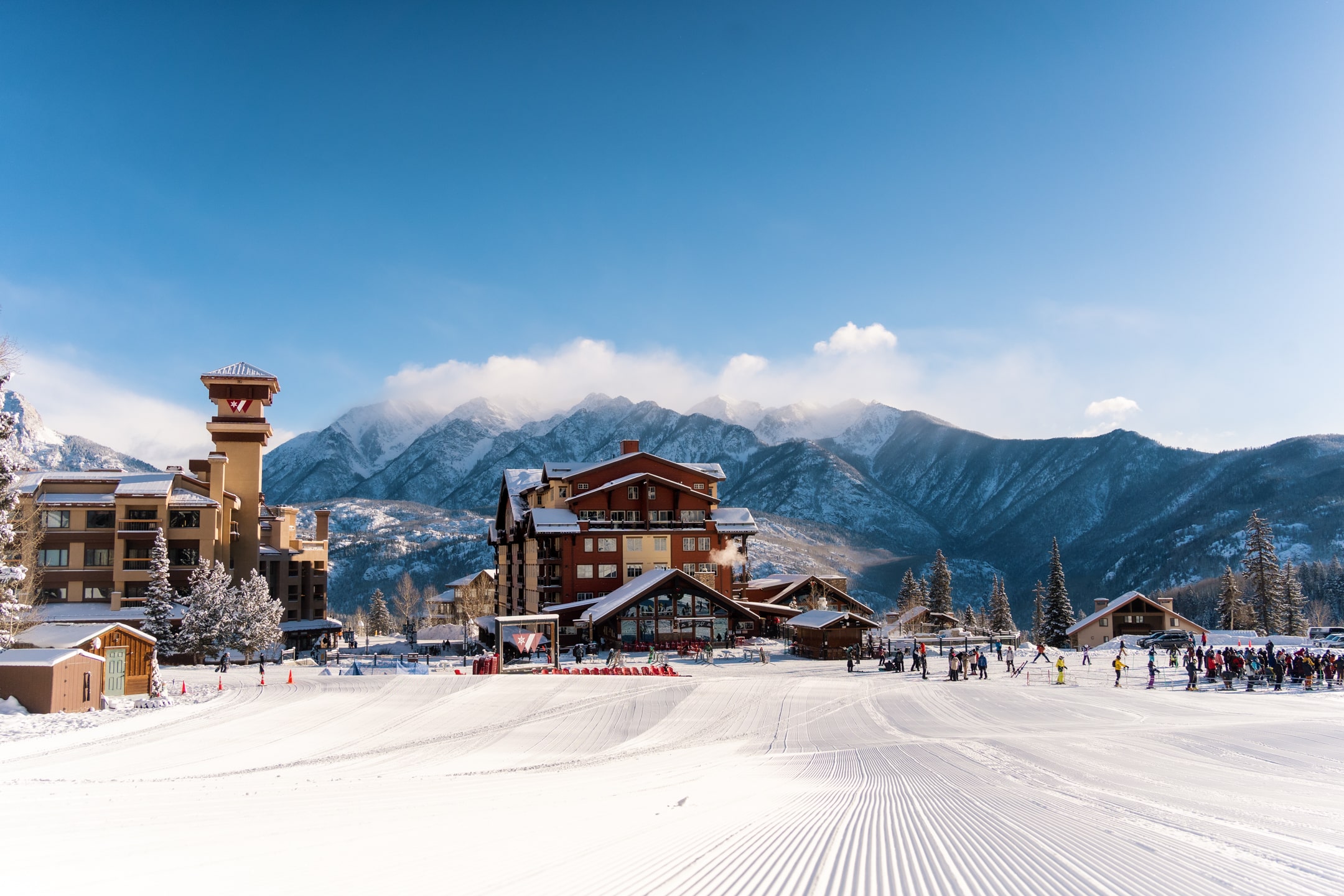 Freshly groomed snow leading to the base area of Purgatory Resort