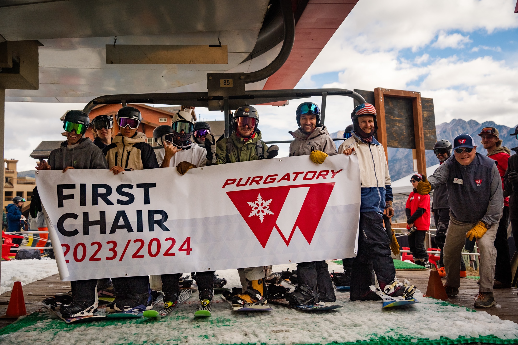 Last seasons first chair group getting on the Purgatory express lift.