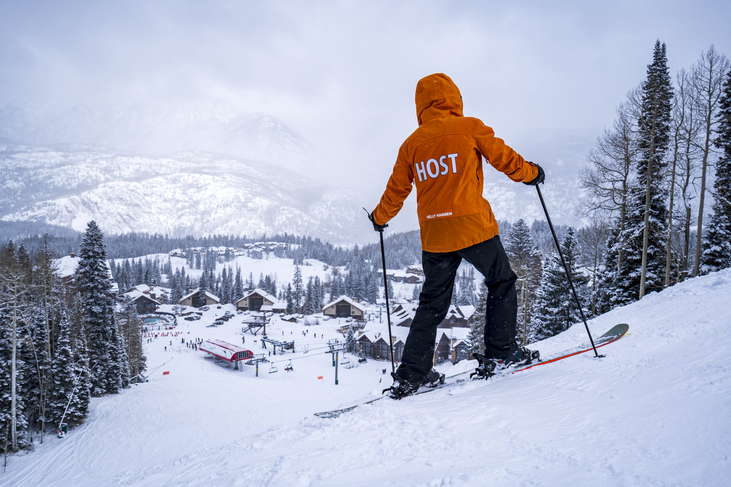 Purgatory Host looks down on the base area from a headwall 