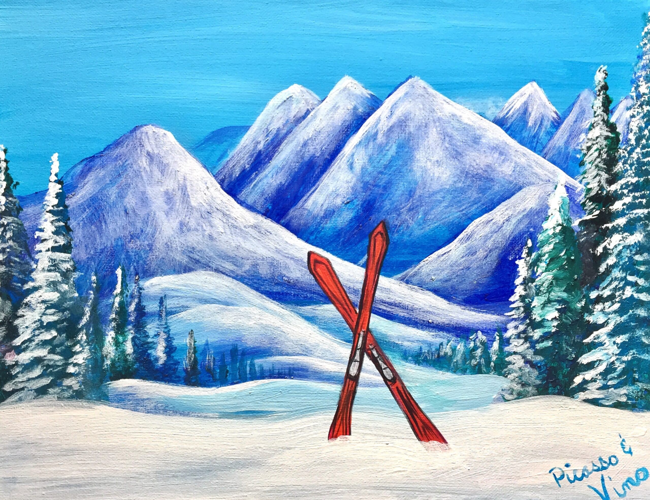 painting of skis crossed in front of a snowy mountain range