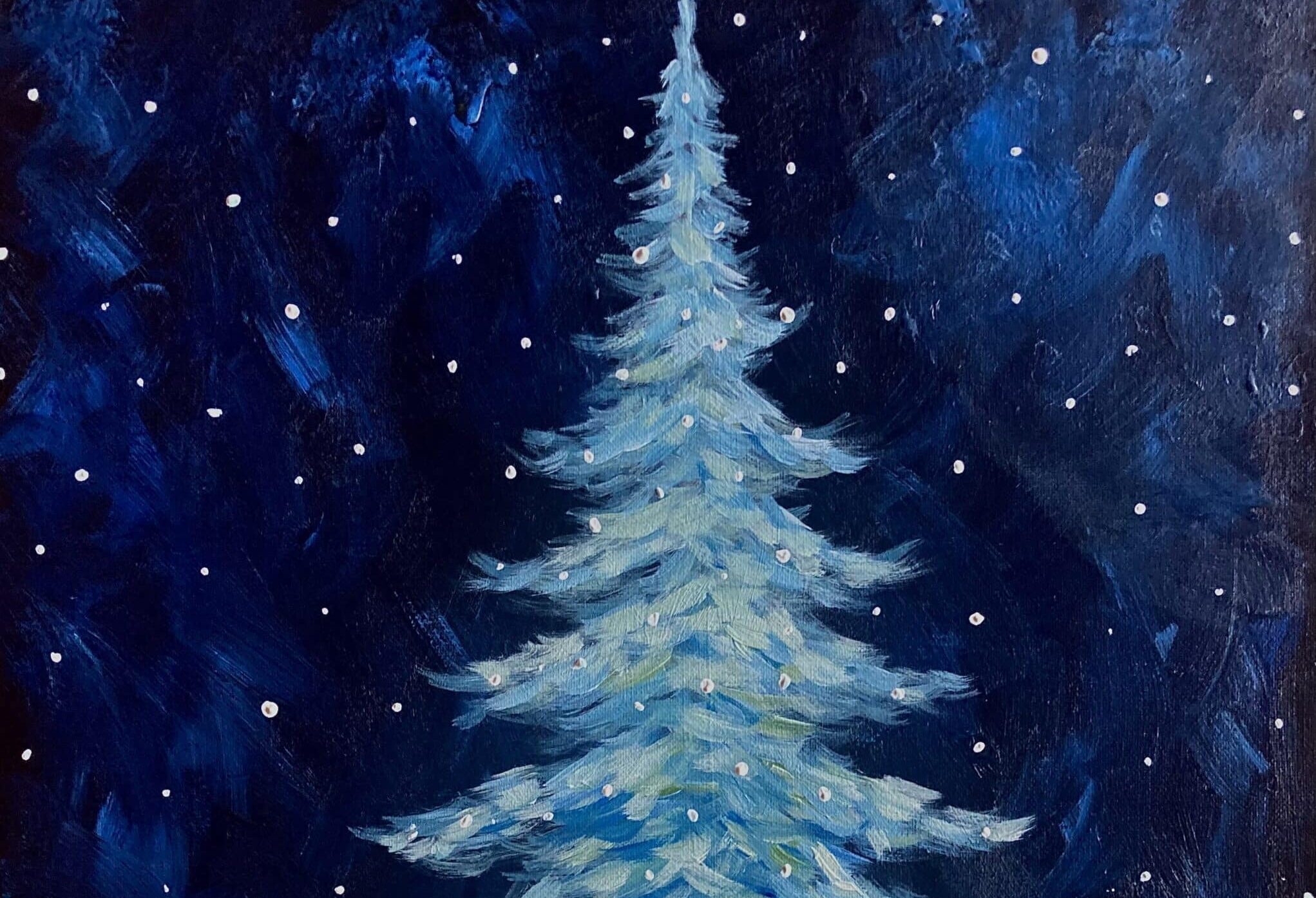 painting of snow gently falling around a snowy pine tree at night